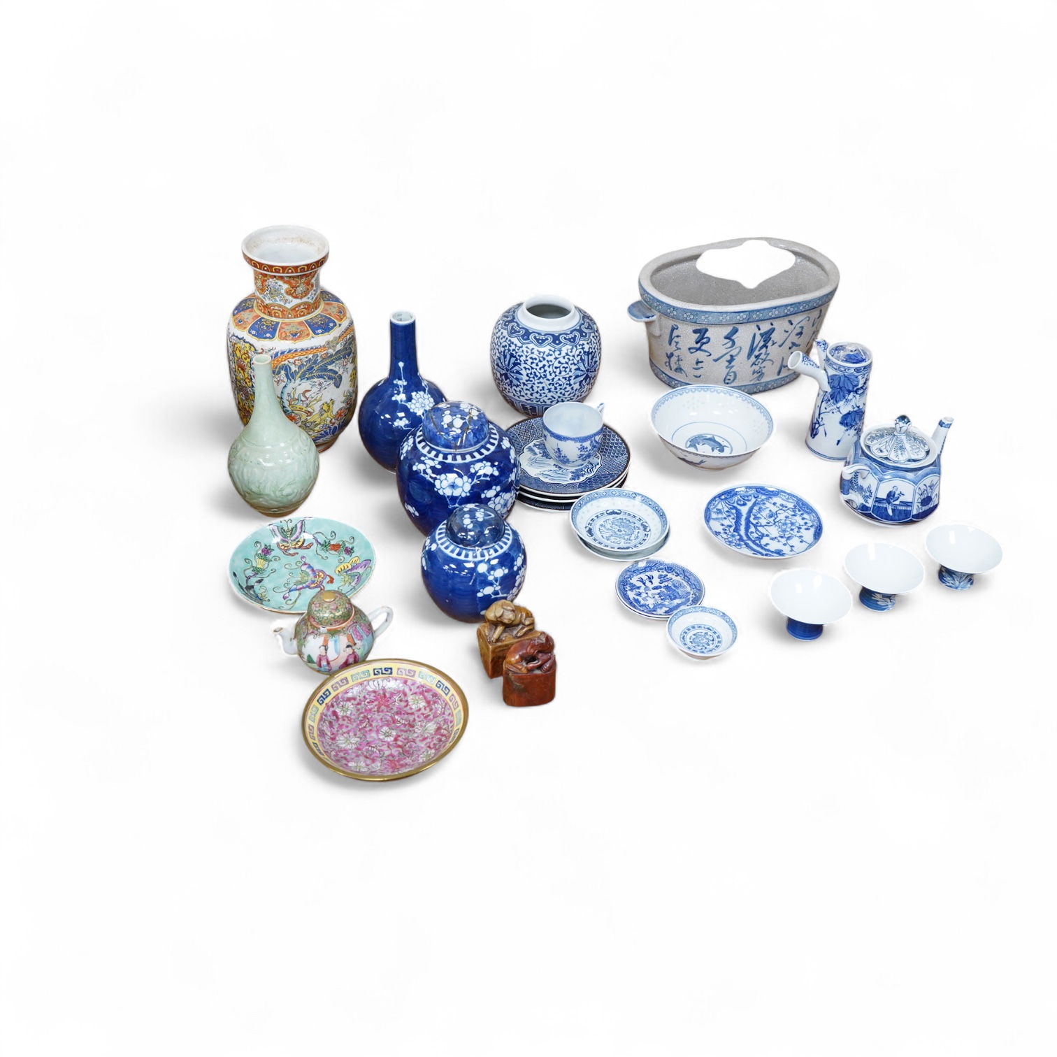 Mixed Chinese blue and white china, including two jars and covers, teapot, two hard stone carvings a celedon vase etc tallest 26cm high